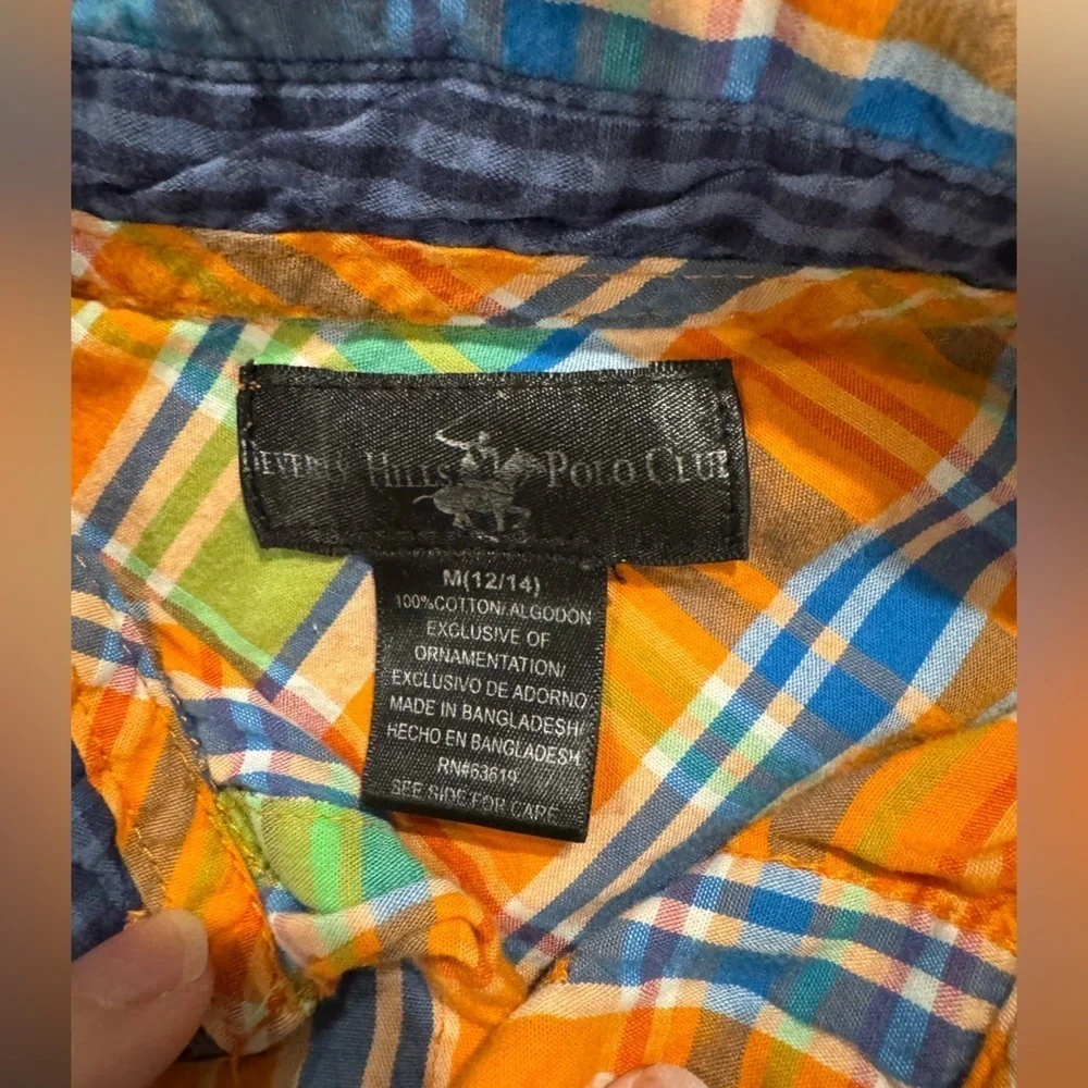 Beverly Hills Polo Club Orange Blue plaid Button Down Shirt elbow patches